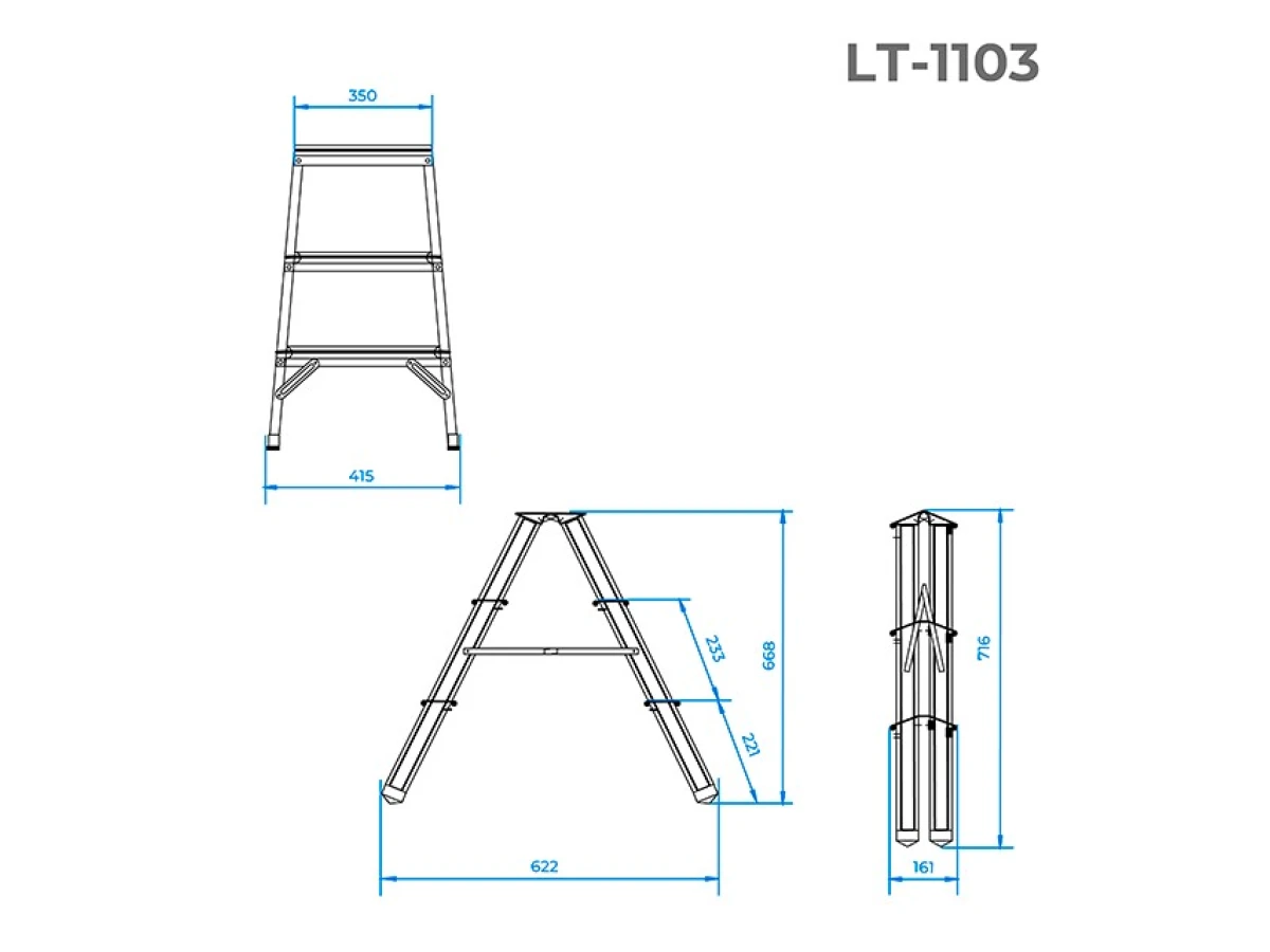 Стремянка алюминиевая двусторонняя 3 ступени, высота 668 мм INTERTOOL LT-1103 