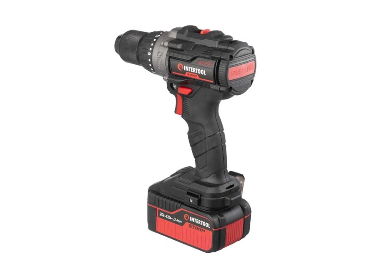 Дрель-шуруповерт аккумуляторная ударная с бесщеточным двигателем 20 В, 100 Нм, 0-410/0-1800 об/мин, 2-13 мм, Li-Ion, 4.0 Ач, ЗУ 4 А, кейс INTERTOOL WT-0361 