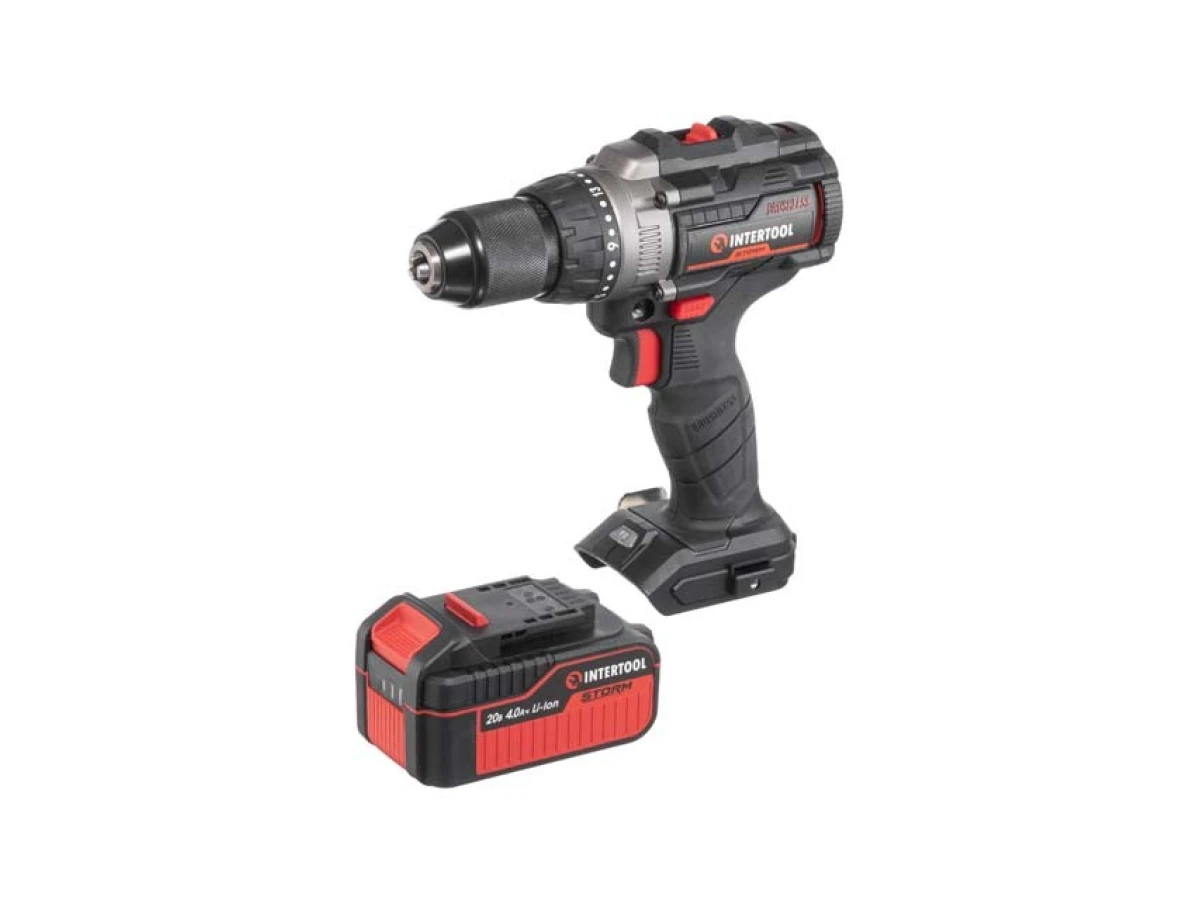 Дрель-шуруповерт аккумуляторная ударная с бесщеточным двигателем 20 В, 100 Нм, 0-410/0-1800 об/мин, 2-13 мм, Li-Ion, 4.0 Ач, ЗУ 4 А, кейс INTERTOOL WT-0361 