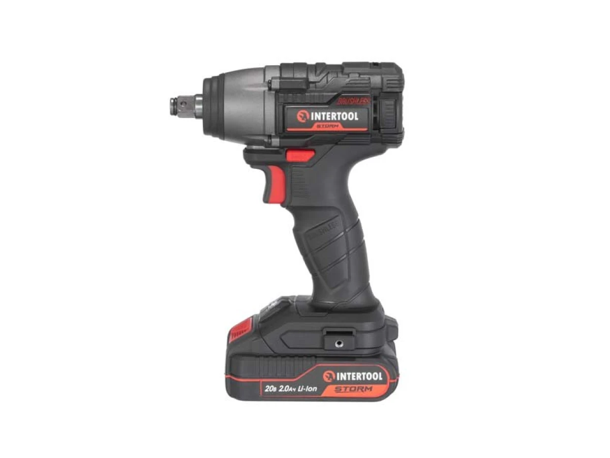 Гайковерт ударний акумуляторний з безщітковим двигуном 20 В, 300 Нм, 0-2500 об/хв, 0-3000 уд/хв, 1/2", Li-Ion, 2.0 Аг, ЗП 2 А, кейс INTERTOOL WT-0364 