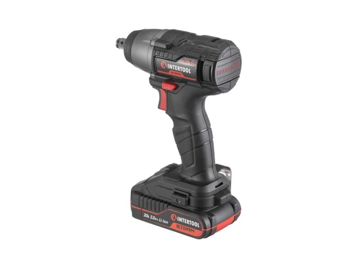 Гайковерт ударний акумуляторний з безщітковим двигуном 20 В, 300 Нм, 0-2500 об/хв, 0-3000 уд/хв, 1/2", Li-Ion, 2.0 Аг, ЗП 2 А, кейс INTERTOOL WT-0364 