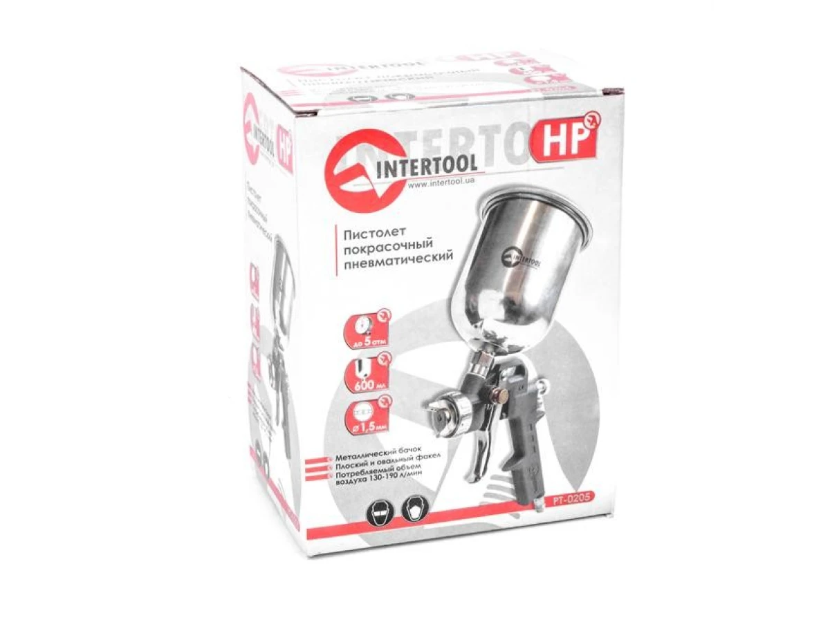 Фарбопульт пневматичний HP, форсунка 1.5 мм, верхній металевий бачок 600 мл, 5 bar INTERTOOL PT-0205 