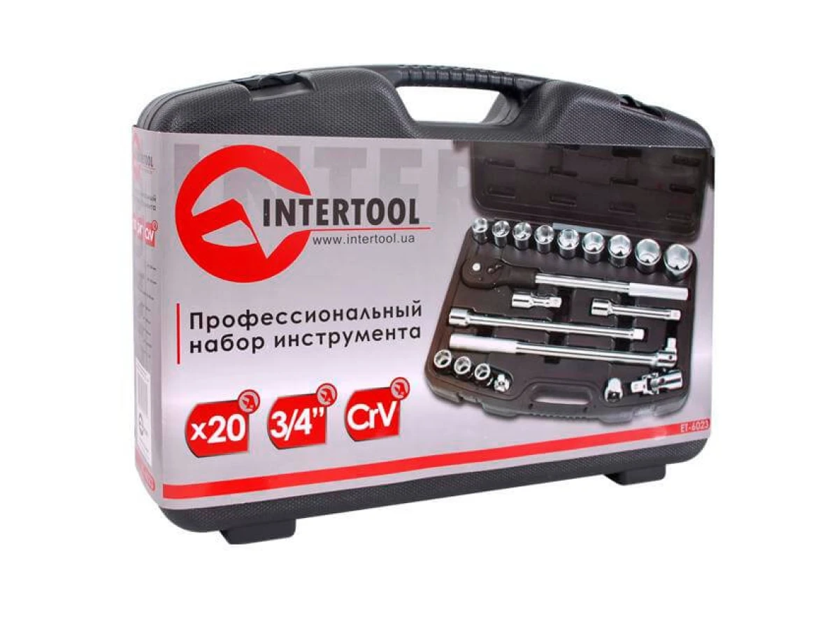 Набір інструментів професійний 3/4", 20 од. (гол. 19-50 мм) пластиковий кейс INTERTOOL ET-6023 