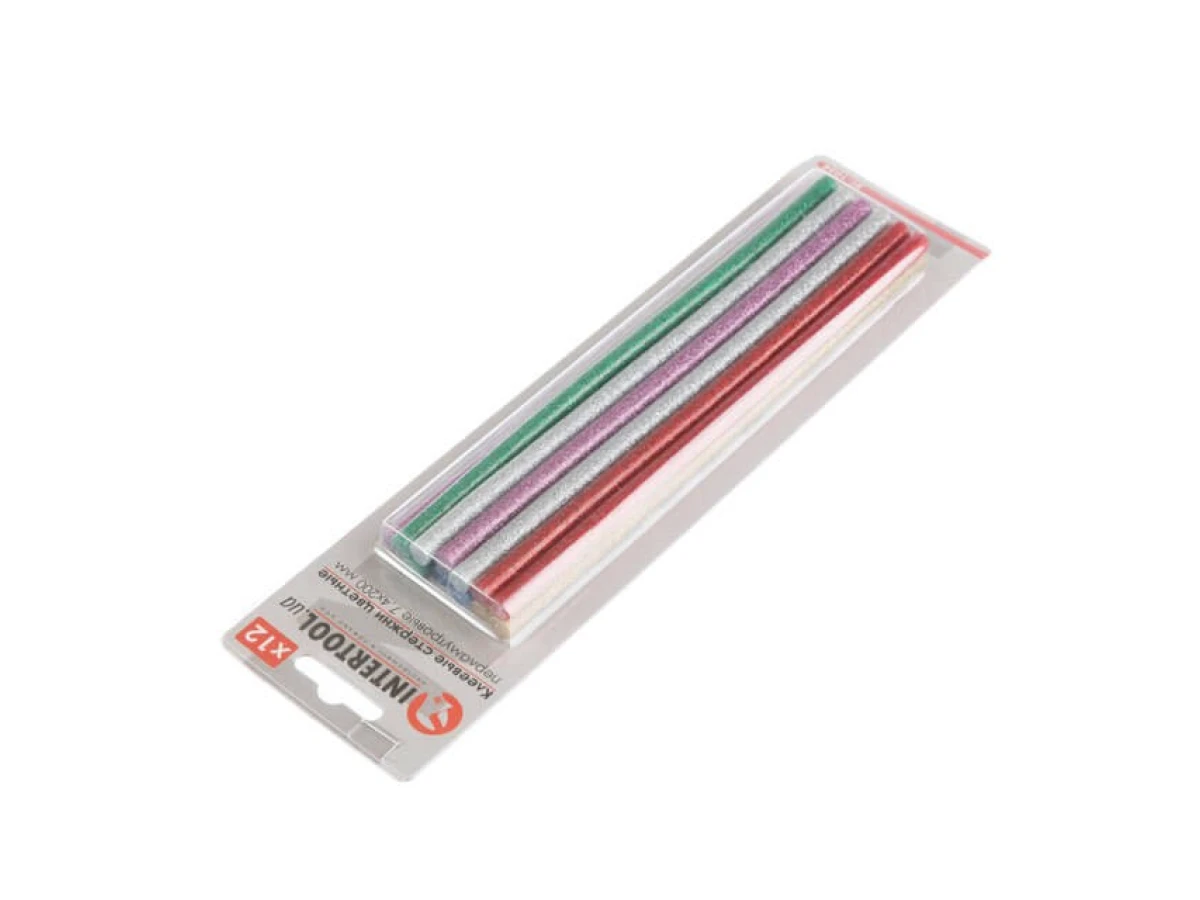 Комплект кольорових перламутрових клейових стрижнів 7,4 мм * 200 мм, 12 шт INTERTOOL RT-1034 