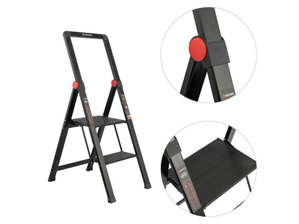 Стремянка алюминиевая "Black Slim", 2 ступени, высота верхней ступени 456 мм, 150 кг STORM INTERTOOL LT-5002 