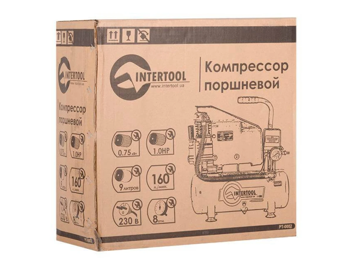 Компресор 9 л, 0.75 кВт, 220 В, 8 aтм, 160 л/хвил INTERTOOL PT-0002 