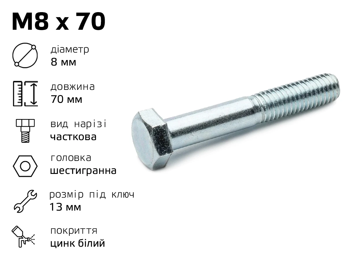 Болт DIN-933 шестигранний М8 довжина - 70 мм, часткове різьблення 
