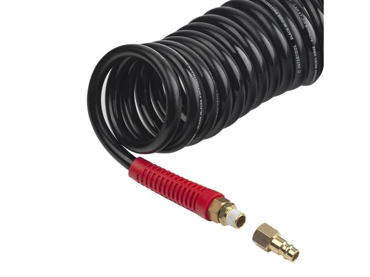 Шланг BLACK M-Flex 8*12 мм, 20 м спіральний поліуретановий з поворотним шарніром, латунними швидкороз'ємними з'єднаннями STORM INTERTOOL PT-1798 