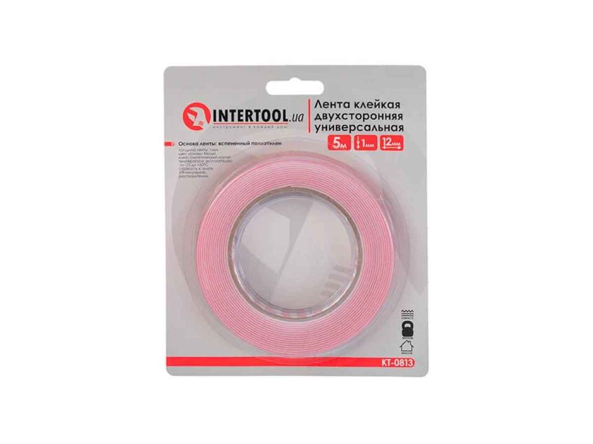 Стрічка клейка двостороння універсальна 12 мм * 5 м * 1 мм, біла, спінений поліетилен INTERTOOL KT-0813 