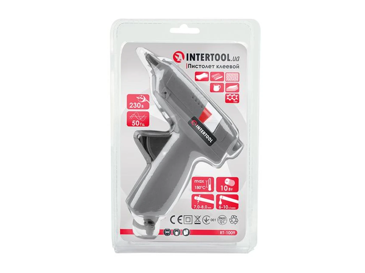 Пистолет клеевой 10 Вт, 230 В, под стержни 7-8 мм, 6-10 г/мин. INTERTOOL RT-1009 