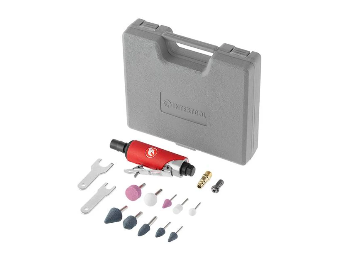 Шліфмашина пневматична у валізі 1/4" міні + набір шліфувальних каменів 10 од INTERTOOL PT-1003 