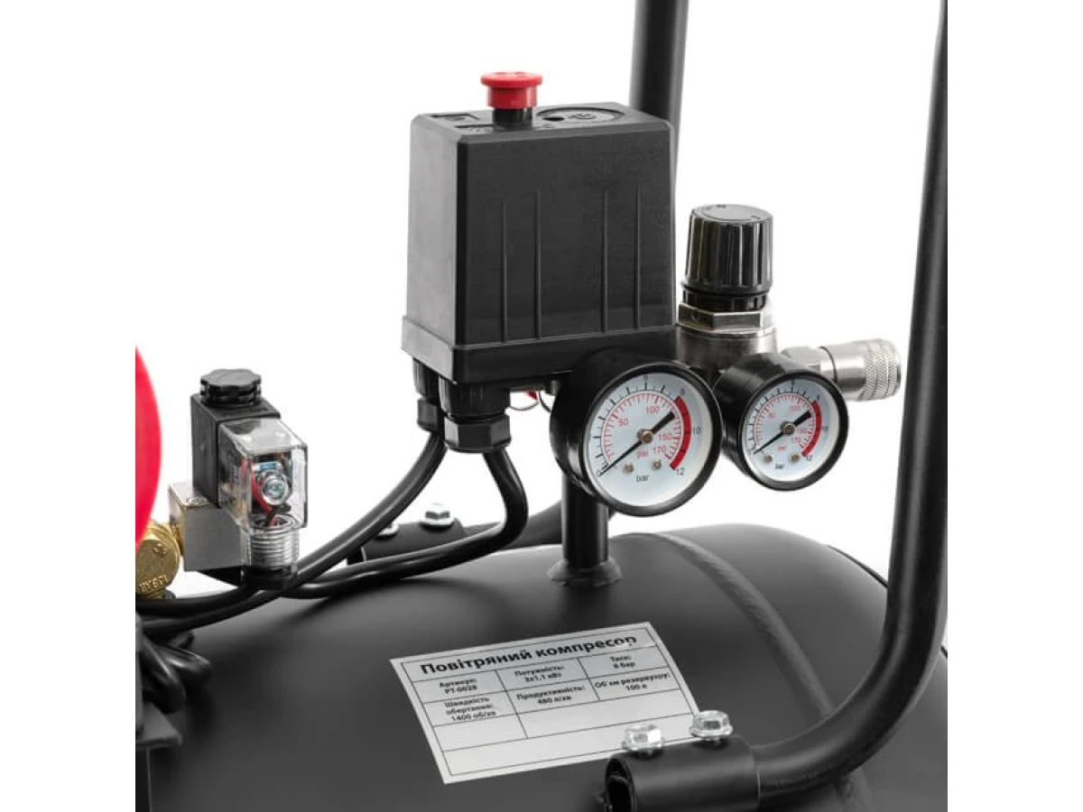 Компресор 100 л, 3х1.1 кВт, 220 В, 8 aтм, 480 л/хв., 1400 об/хв., малошумний, безмасляний, 6 циліндрів INTERTOOL PT-0028 