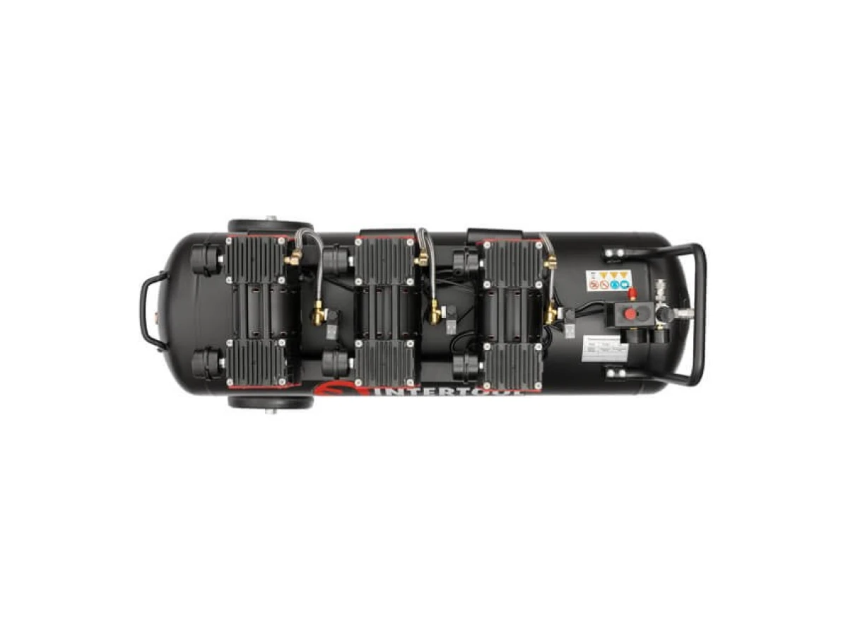 Компресор 100 л, 3х1.1 кВт, 220 В, 8 aтм, 480 л/хв., 1400 об/хв., малошумний, безмасляний, 6 циліндрів INTERTOOL PT-0028 