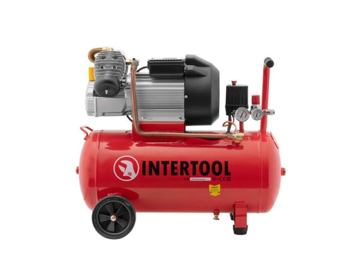 Компресор 50 л, 4 HP, 3 кВт, 220 В, 10 aтм, 420 л/хв, 2 циліндри. INTERTOOL PT-0007 