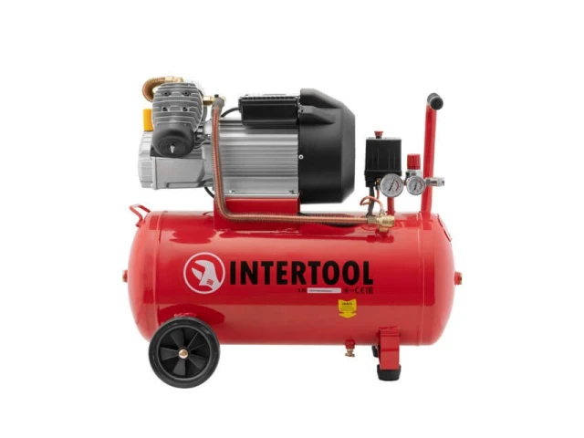 Компресор 50 л, 4 HP, 3 кВт, 220 В, 10 aтм, 420 л/хв, 2 циліндри. INTERTOOL PT-0007 