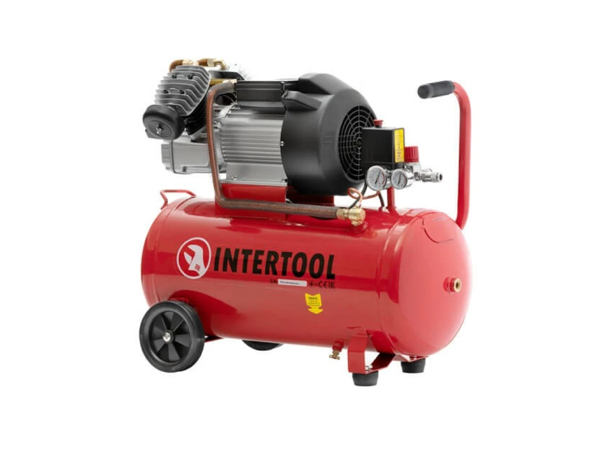Компресор 50 л, 4 HP, 3 кВт, 220 В, 10 aтм, 420 л/хв, 2 циліндри. INTERTOOL PT-0007 