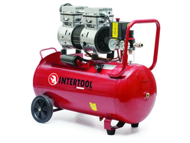 Компресор 50 л, 0.75 кВт, 220 В, 8aтм, 145 л/хвил, 1400 об/хв, безмасляний, 2 циліндра INTERTOOL PT-0025 