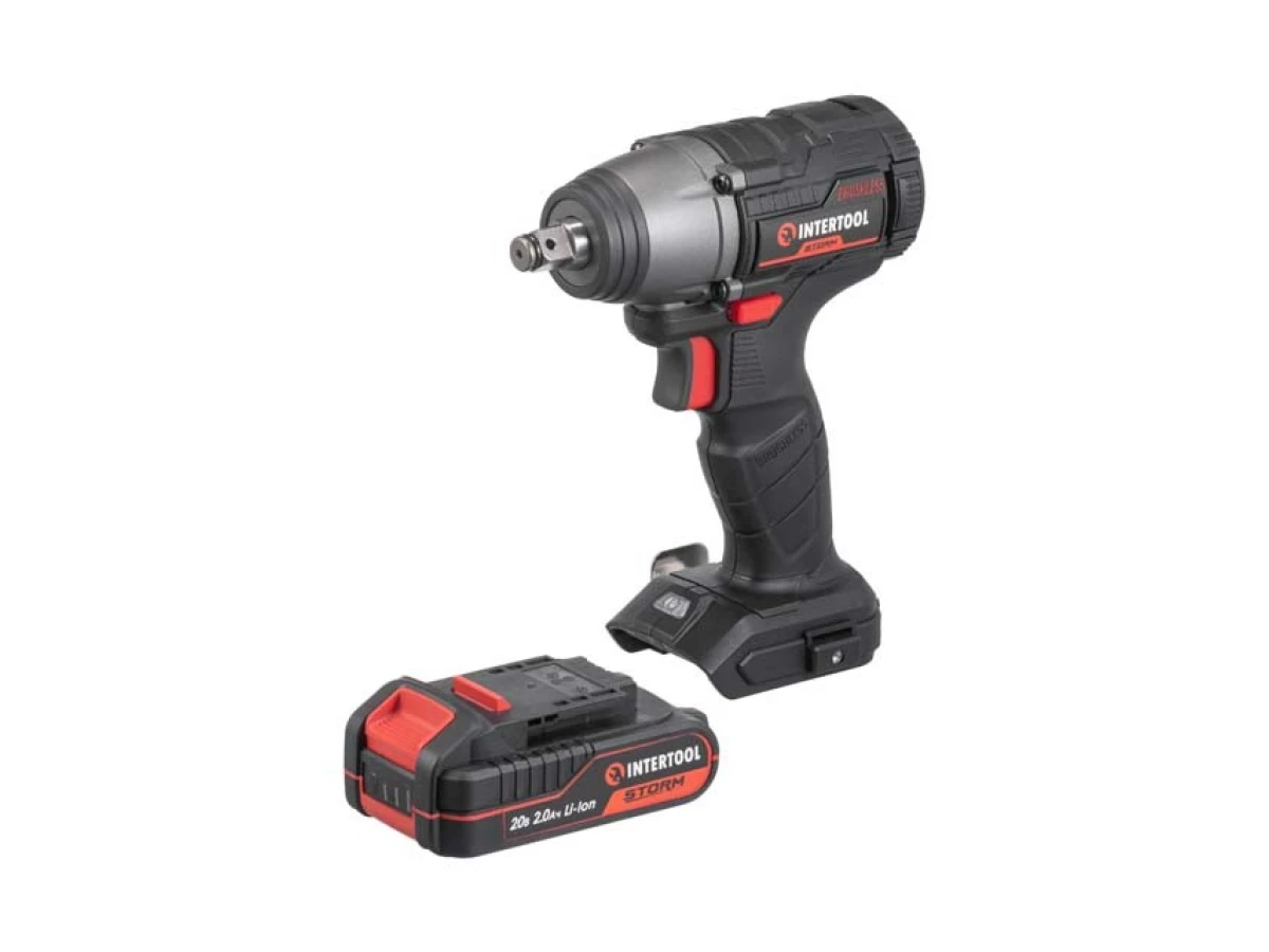 Гайковерт ударний акумуляторний з безщітковим двигуном 20 В, 300 Нм, 0-2500 об/хв, 0-3000 уд/хв, 1/2", Li-Ion, 2.0 Аг, ЗП 2 А, кейс INTERTOOL WT-0364 