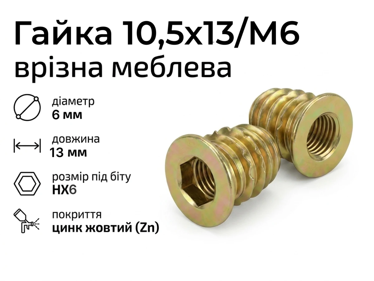 Гайка 10,5х13/М6 врізна меблева ЦЖ INB S6 пот 