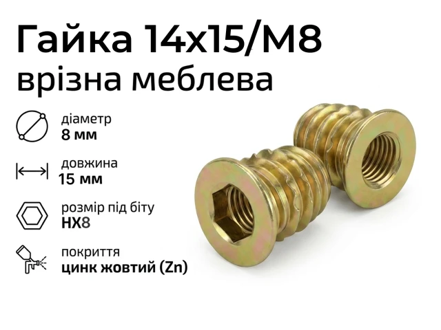 Гайка 14х15/М8 врізна меблева ЦЖ INB S8 пот 