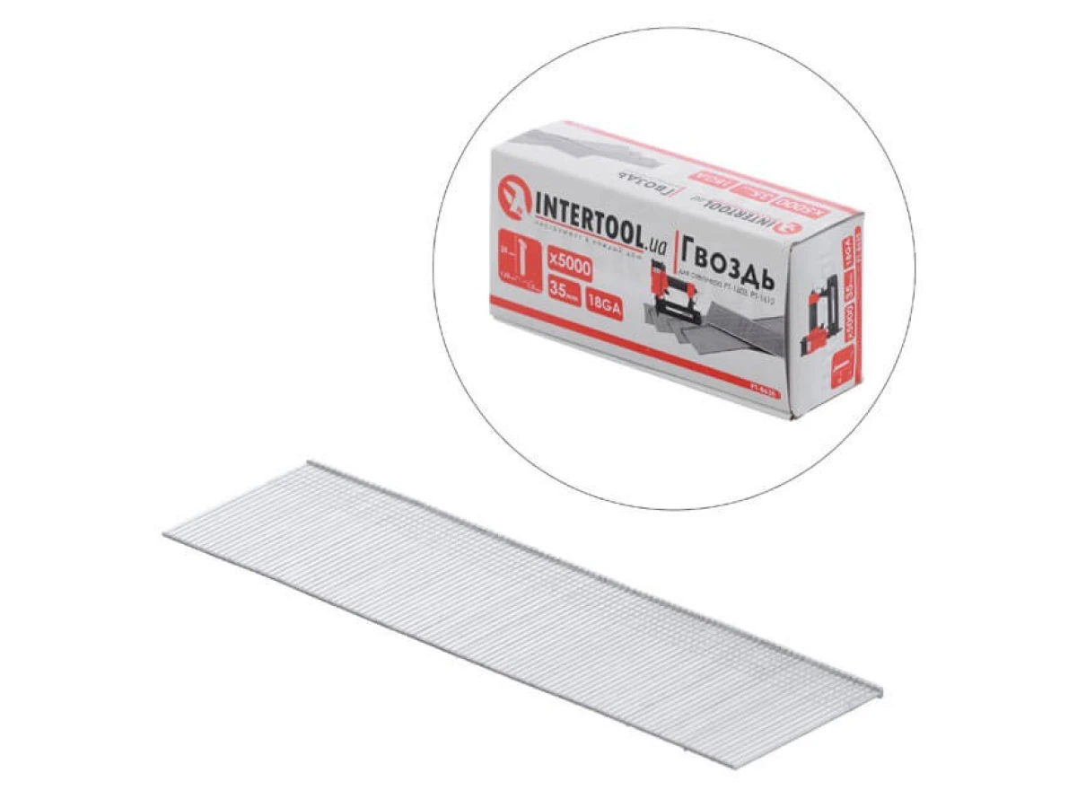 Цвях для степлера PT-1603, PT-1612, 35 мм (18GA), 1.0*1.25 мм, 5000 од/уп. INTERTOOL PT-8635 