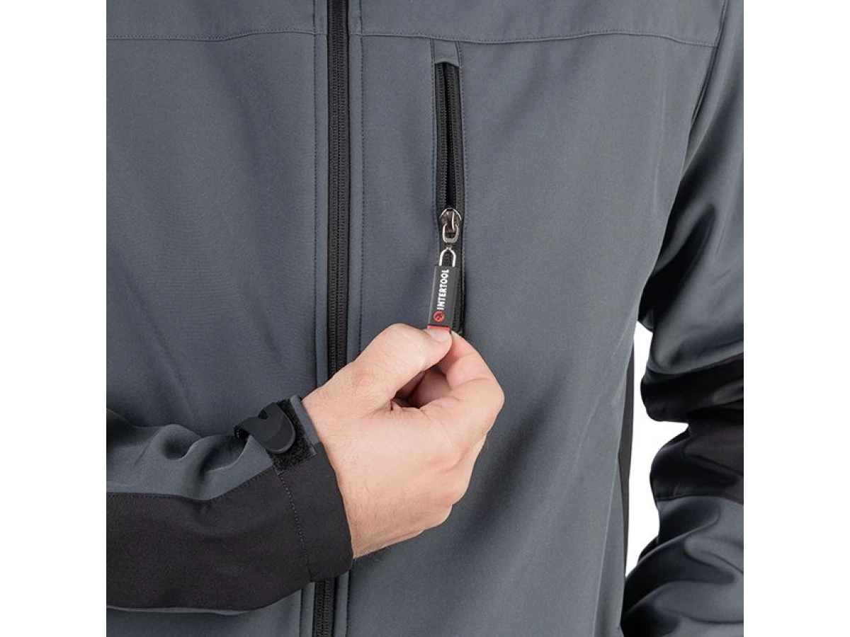 Куртка SOFTSHELL темно сіра-чорна, тришарова, тканина - стрейч 300 GSM 100D з водо- і вітрозахистом, розмір М INTERTOOL SP-3132 