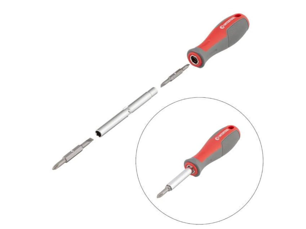 Отвертка с двухсторонними сменными насадками 6 в 1 (SL6.35*65мм, PH1*5мм, SL8.0*75мм, PH2*6мм, внутренний шестигранник 6мм, 8мм INTERTOOL VT-3341 