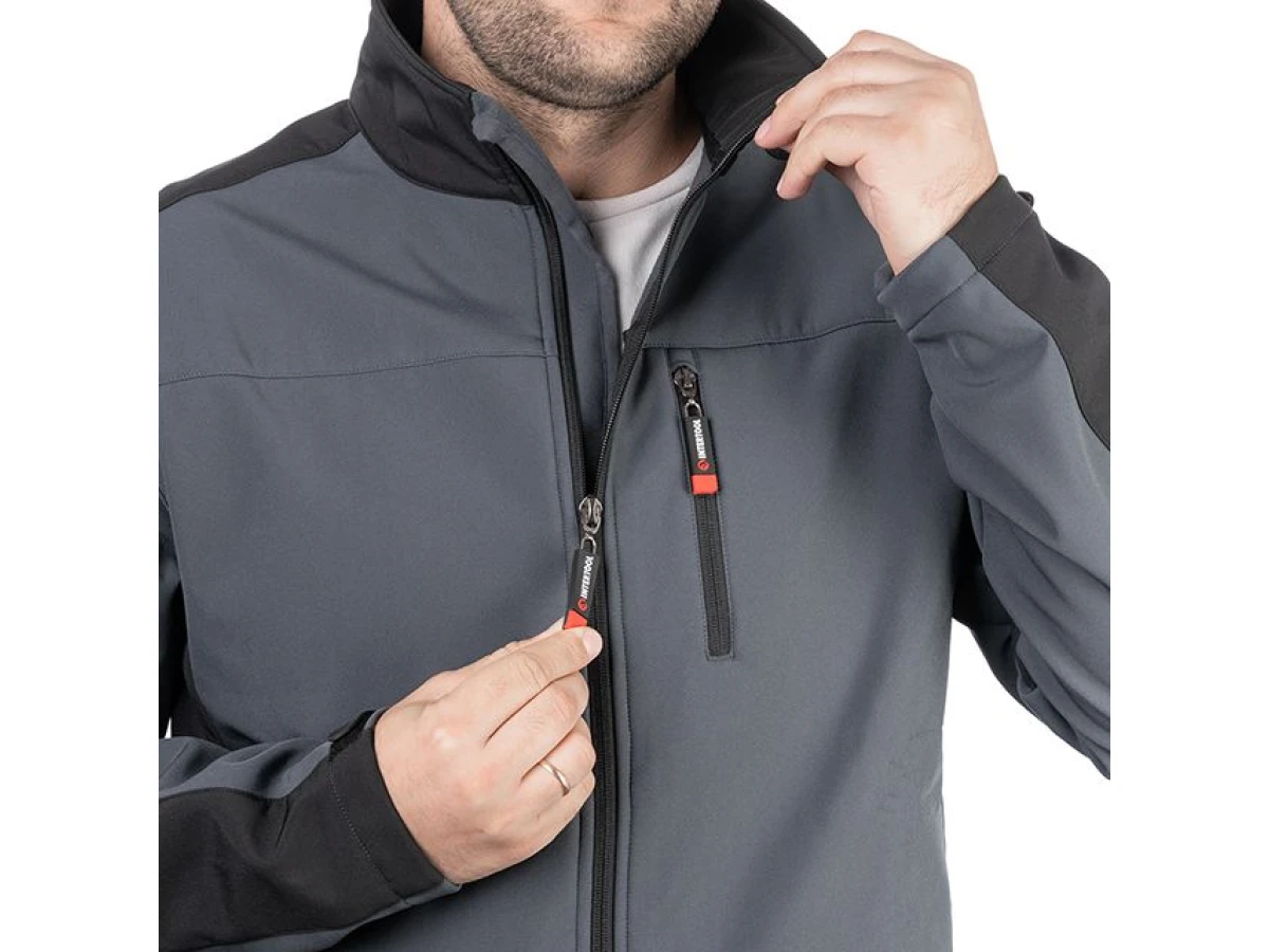 Куртка SOFTSHELL темно сіро-чорна, тришарова, тканина - стрейч 300 GSM 100D, з водо- і вітрозахистом, розмір L INTERTOOL SP-3133 