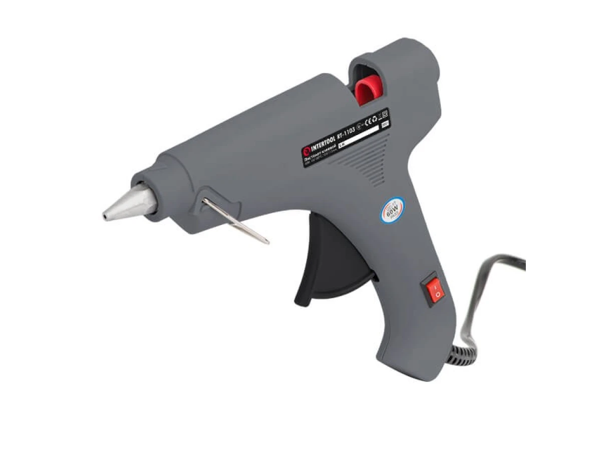 Пістолет клейовий 60 Вт, 230 В, 165-180 °C під стрижні 10.8-11.5 мм, 8-20 г/хв. INTERTOOL RT-1103 