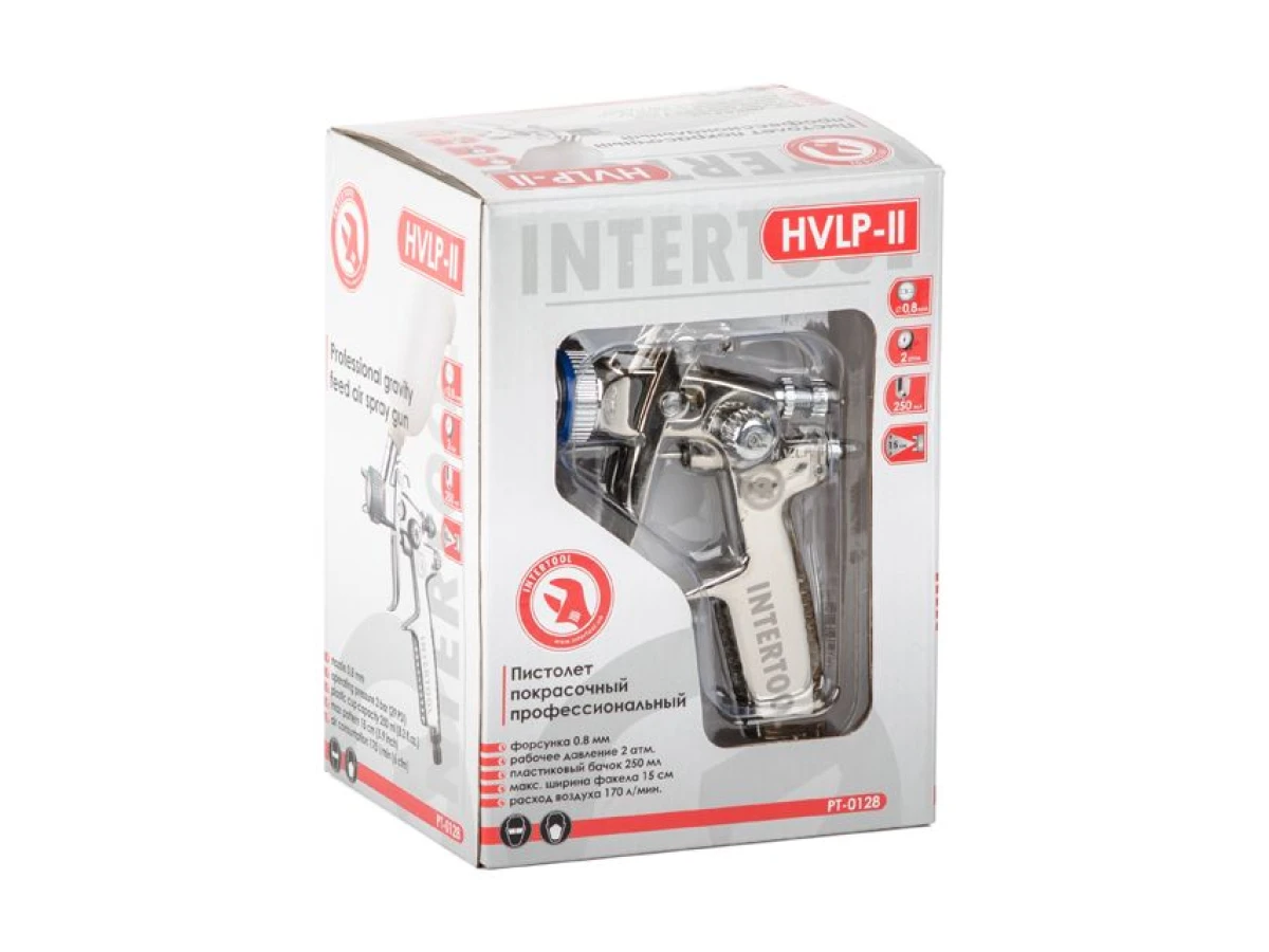 Фарбопульт пневматичний HVLP II MINI професійний, форсунка 0.8 мм, верхній пластиковий бачок 250 мл, 2-2.5 бар INTERTOOL PT-0128 