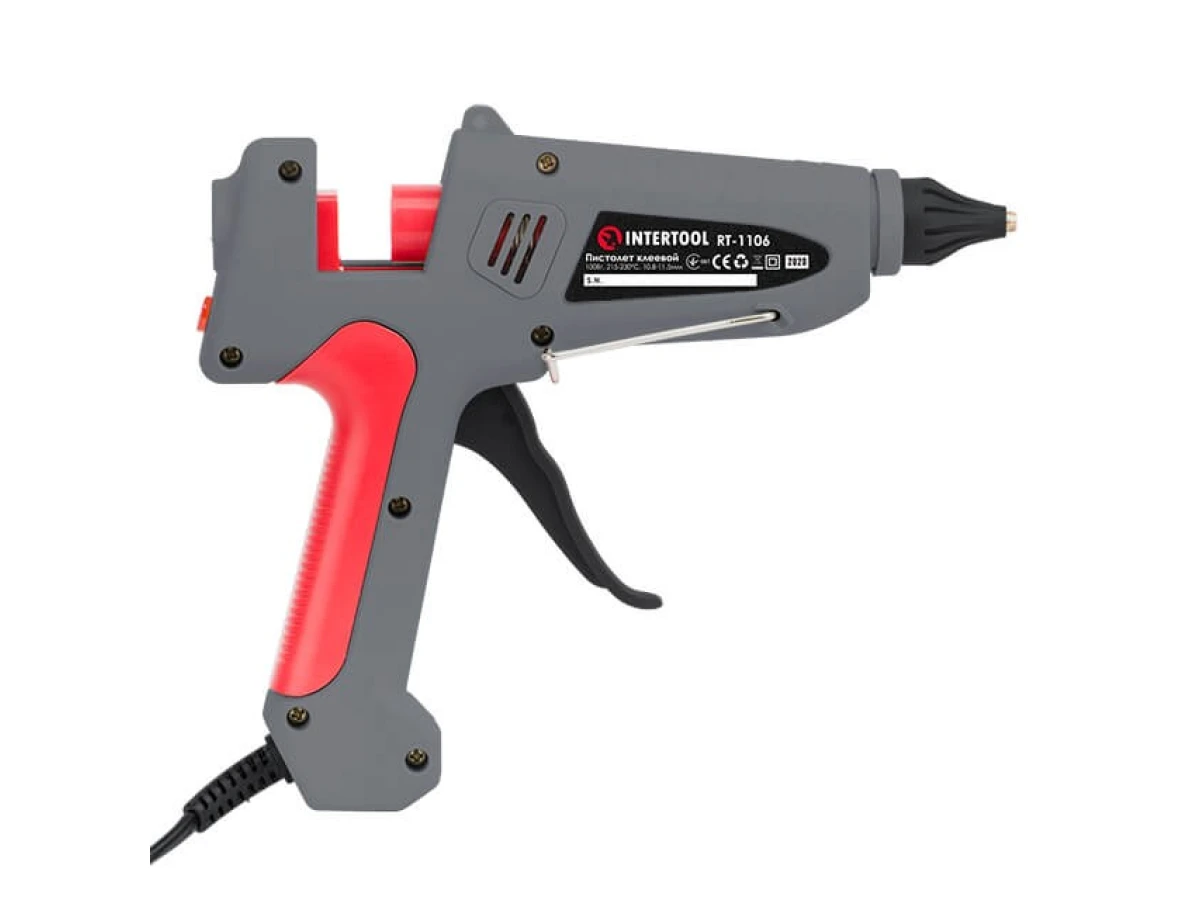 Пістолет клейовий 100 Вт, 230 В, 215-230 °C під стрижні 10.8-11.5 мм, 13-30 г/хв. INTERTOOL RT-1106 