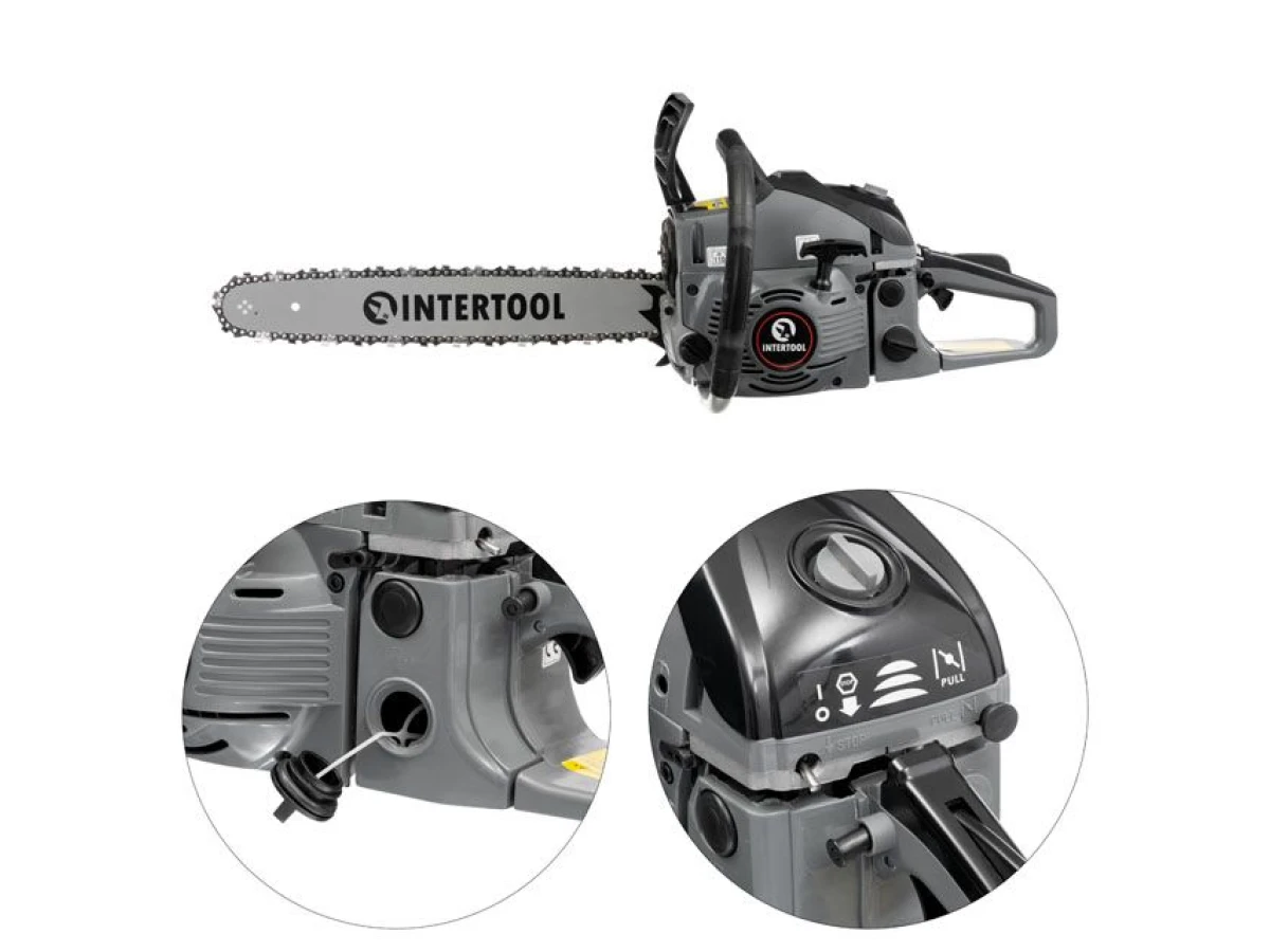 Бензопила ланцюгова 2.4 кВт., 52 см3, шина 45 см/18", шаг 0,325", мін/макс. 3200/11000 об/хв INTERTOOL DT-2208 