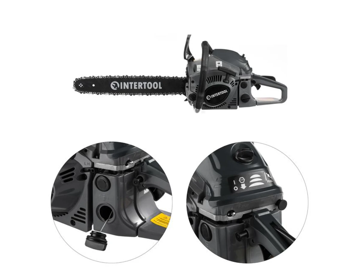 Бензопила цепная 2.6 кВт., 58 см3, шина 45 см/18", шаг 0,325", мин/макс. 3200/11000 об/мин INTERTOOL DT-2209 