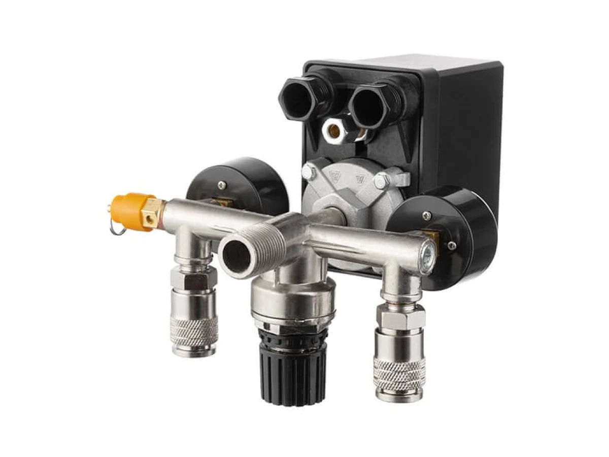 Прессостат 380В (блок автоматики компрессора) 10 bar в сборе, (прессостат, редуктор, 2 манометра, предохранительный клапан, два выхода) INTERTOOL PT-9097 