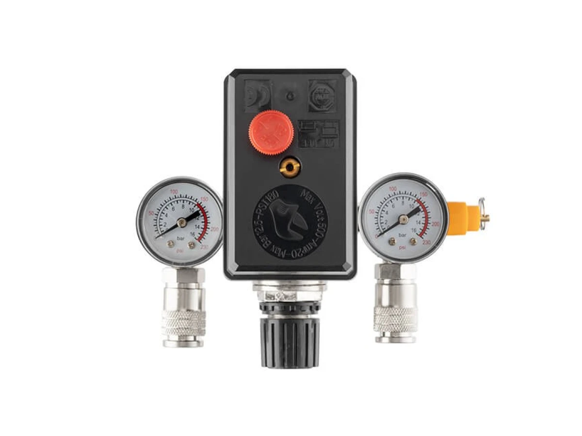 Прессостат 380В (блок автоматики компрессора) 10 bar в сборе, (прессостат, редуктор, 2 манометра, предохранительный клапан, два выхода) INTERTOOL PT-9097 