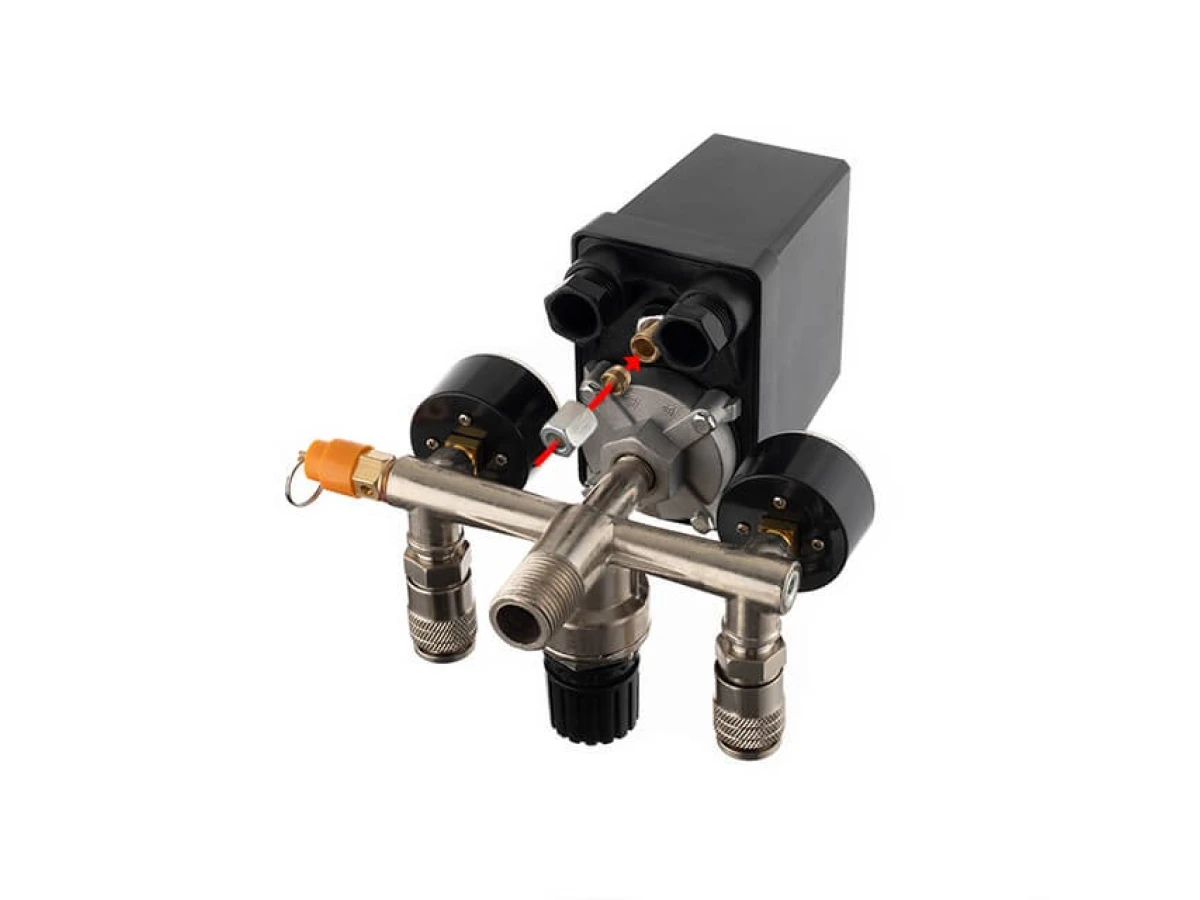 Прессостат 380В (блок автоматики компрессора) 10 bar в сборе, (прессостат, редуктор, 2 манометра, предохранительный клапан, два выхода) INTERTOOL PT-9097 