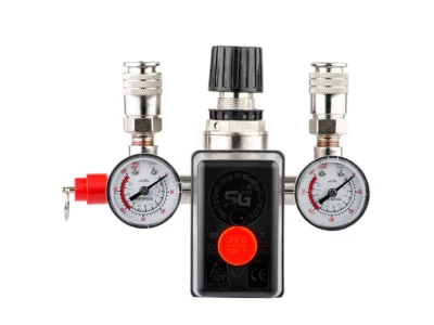 Прессостат 220В в сборе (прессостат, редуктор, 2 манометра, предохранительный клапан, два выхода) INTERTOOL PT-9094