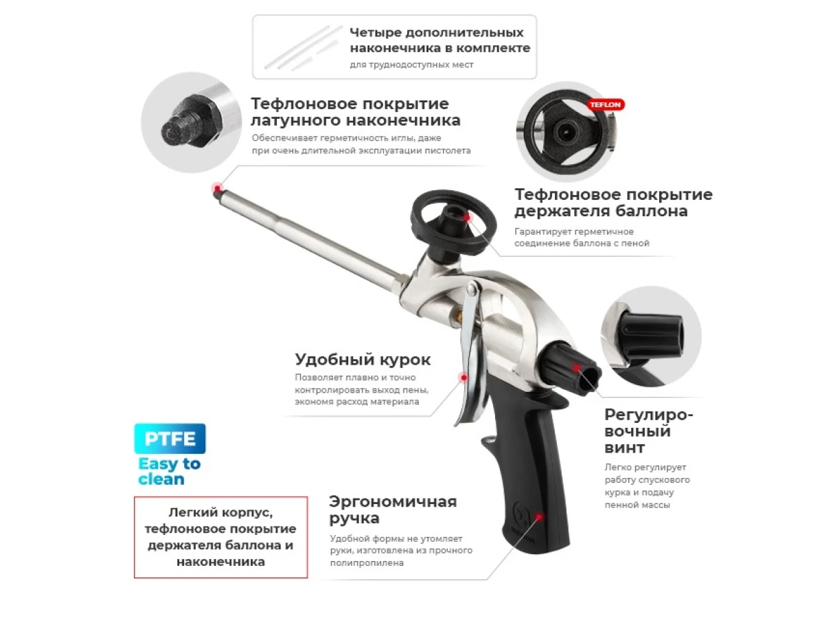 Пистолет для пены с тефлоновым покрытием держателя баллона + 4 нас. INTERTOOL PT-0604 