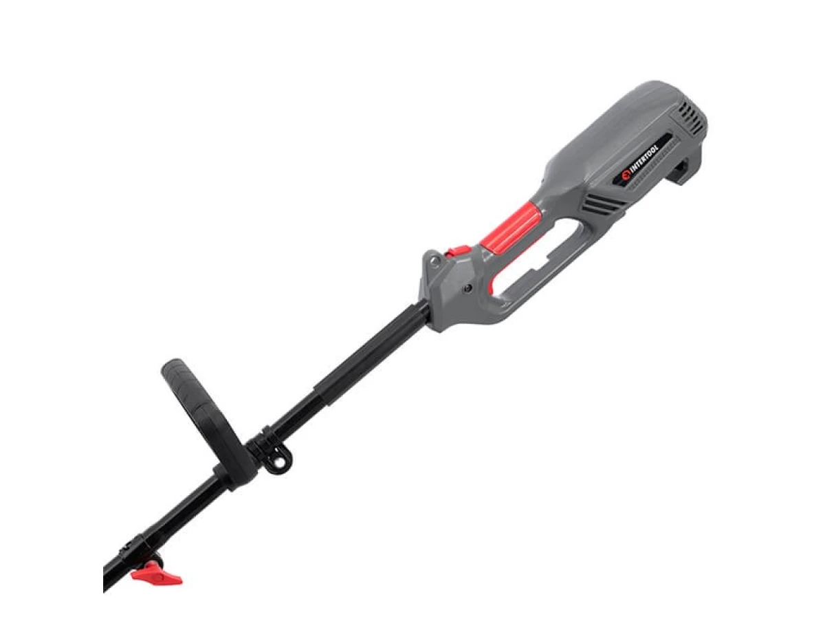 Триммер электрический, 1200 Вт, 230 В, ~50 Гц, 7000 об/мин, плавный пуск, диаметр вращения диска/лески 255/380 мм, катушка + 3-х зубчатый нож INTERTOOL DT-2247 