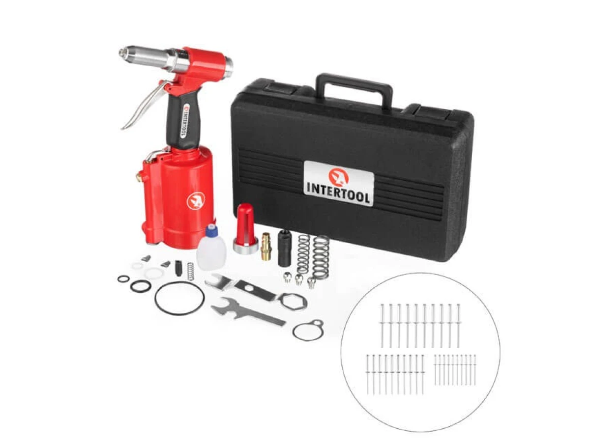 Пістолет заклепувальний пневматичний у кейсі з аксесуарами INTERTOOL PT-1304 