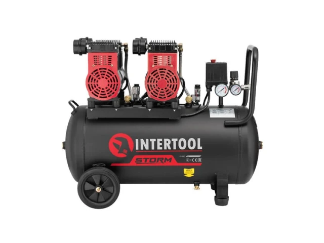 Компресор 50 л, 2x1.1 кВт, 220 В, 8 aтм, 320 л/хв., 1400 об/хв., малошумний, безмасляний, 4 циліндра INTERTOOL PT-0027 