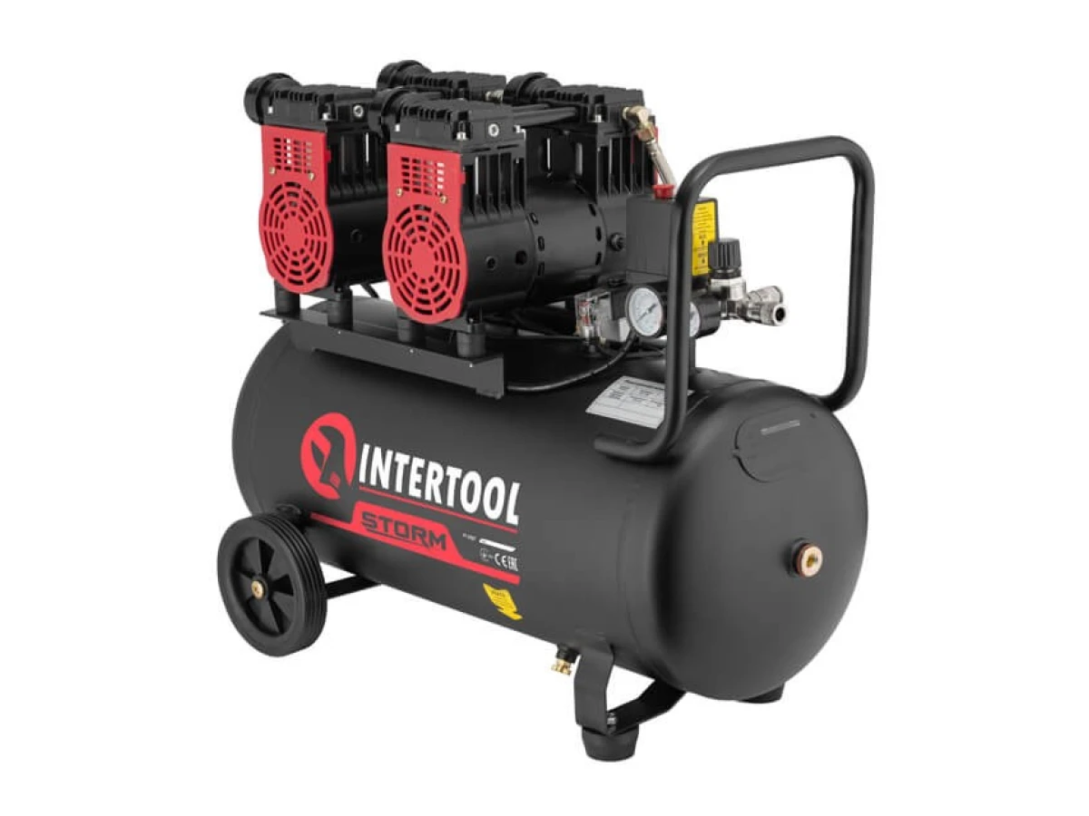 Компресор 50 л, 2x1.1 кВт, 220 В, 8 aтм, 320 л/хв., 1400 об/хв., малошумний, безмасляний, 4 циліндра INTERTOOL PT-0027 