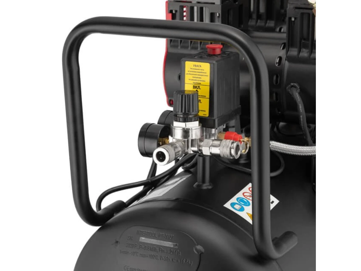 Компресор 50 л, 2x1.1 кВт, 220 В, 8 aтм, 320 л/хв., 1400 об/хв., малошумний, безмасляний, 4 циліндра INTERTOOL PT-0027 