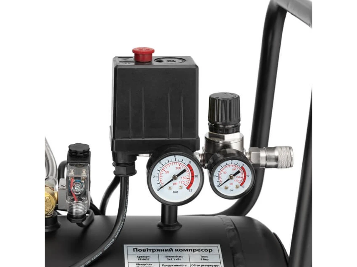 Компресор 50 л, 2x1.1 кВт, 220 В, 8 aтм, 320 л/хв., 1400 об/хв., малошумний, безмасляний, 4 циліндра INTERTOOL PT-0027 