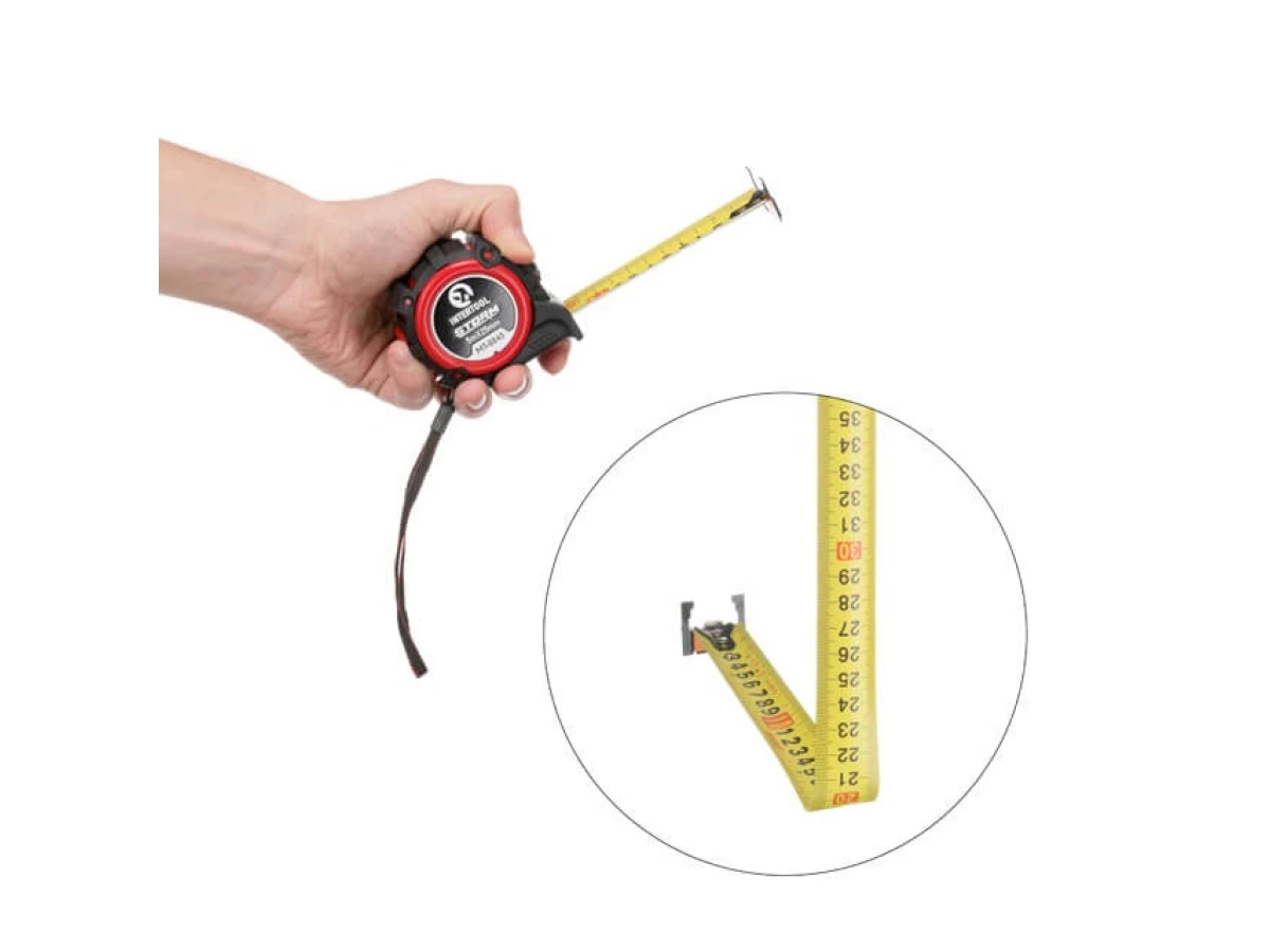 Рулетка з металевим полотном, 5м * 25мм, двостороння шкала, нейлонове покриття, двосторонній зацеп з магнітом, автостоп полотна STORM INTERTOOL MT-0845 