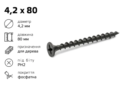 Саморіз по дереву 4,2 х 80 (250шт)