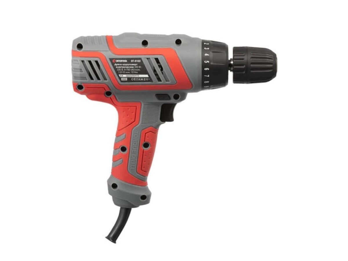 Дриль-шурупокрут електричний 320 Вт, 220 В, 0-750 об/хв., 0.8-10 мм, 10 Нм INTERTOOL DT-0103 