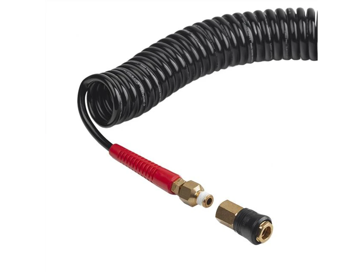 Шланг BLACK M-Flex 5.5*8 мм, 20 м спіральний поліуретановий з поворотним шарніром, латунними швидкороз'ємними з'єднаннями STORM INTERTOOL PT-1792 