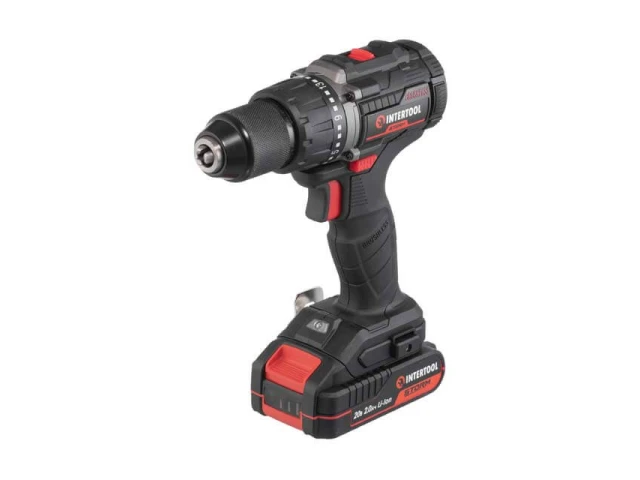 Дриль-шуруповерт акумуляторний з безщітковим двигуном 20 В, 60 Нм, 0-500/0-2000 об/хв., 2-13 мм, Li-Ion, 2.0 Аг, ЗП 2 А, кейс INTERTOOL WT-0360 