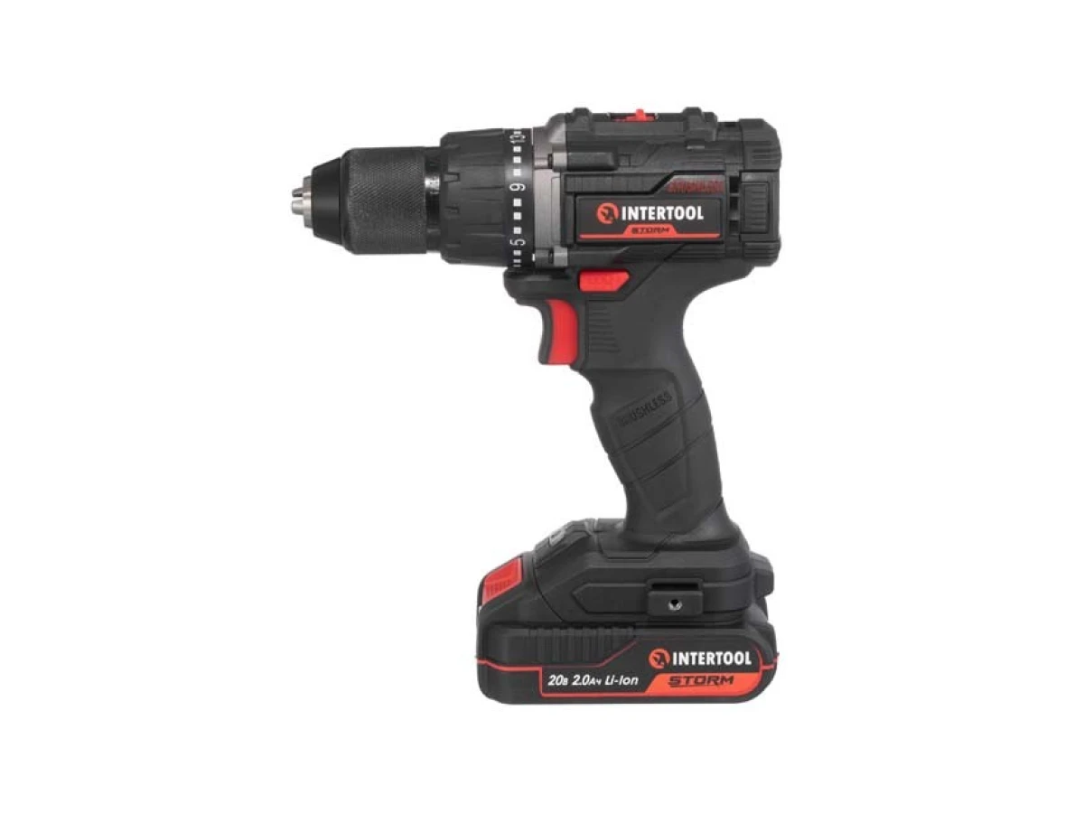Дриль-шуруповерт акумуляторний з безщітковим двигуном 20 В, 60 Нм, 0-500/0-2000 об/хв., 2-13 мм, Li-Ion, 2.0 Аг, ЗП 2 А, кейс INTERTOOL WT-0360 